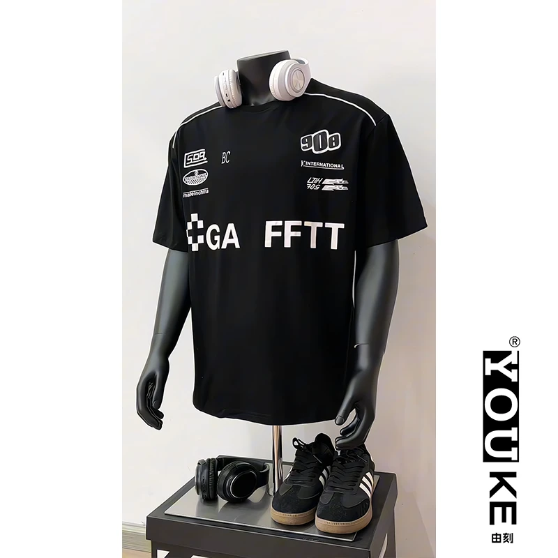 美式重磅机车短袖T恤男2025夏季潮牌oversize青少年宽松纯棉半袖