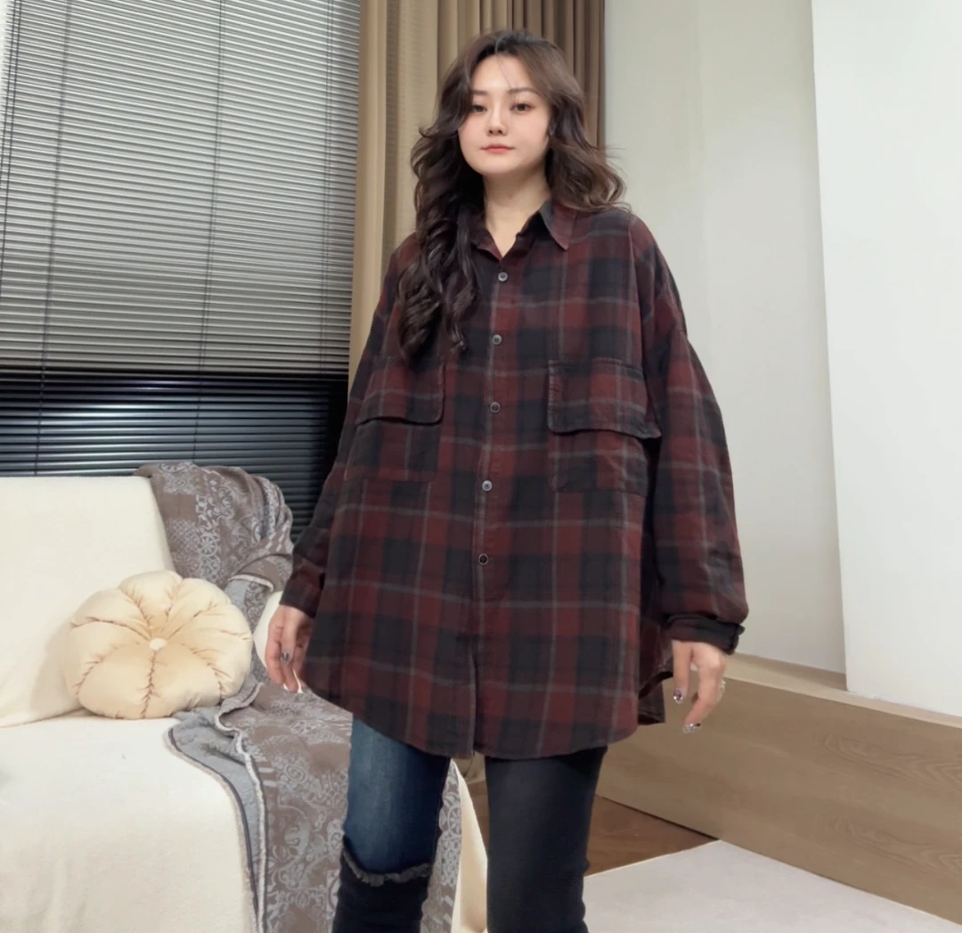 museguhui/木色古汇398#炒色棉格子长袖高级小众休闲复古ins衬衣