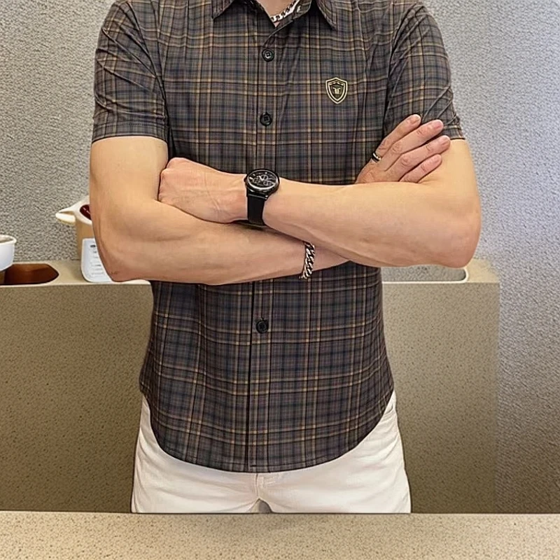 2025新款蓝黄格衬衫时尚休闲潮流帅气翻领格纹F297