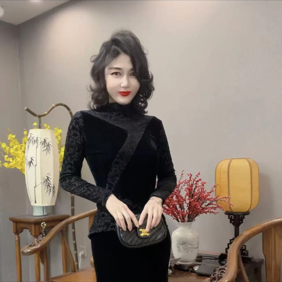 新款蕾丝拼接丝绒百搭时尚气质款女士小衫