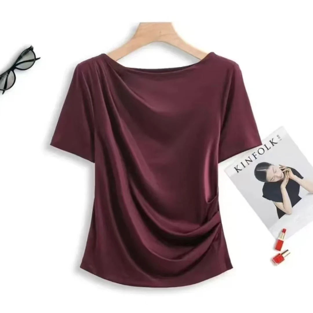 2025夏季性感短袖T恤女士修身新款气质一字领纯色下摆不规则上衣