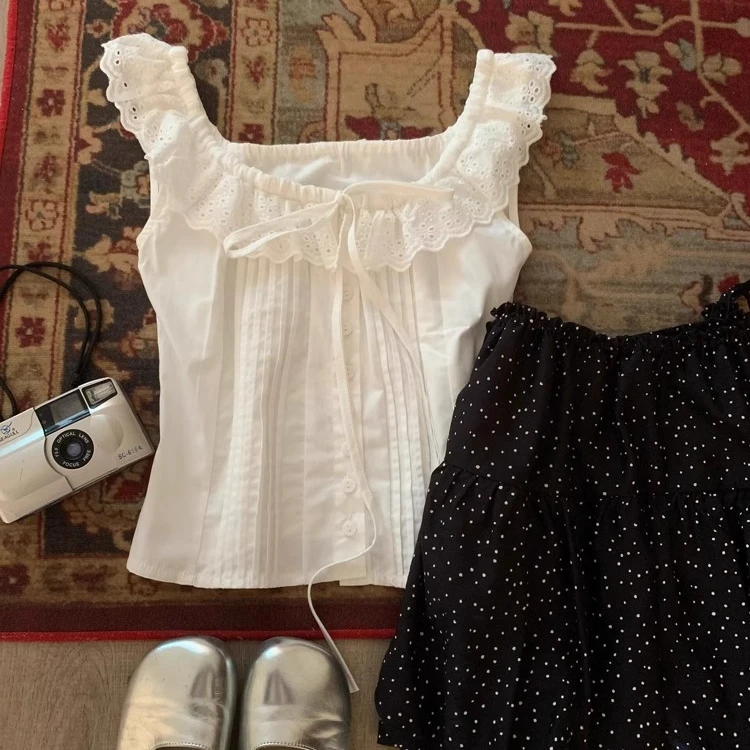 设计感小众蕾丝花边小飞袖衬衫女夏季甜美无袖小吊带背心减龄上衣