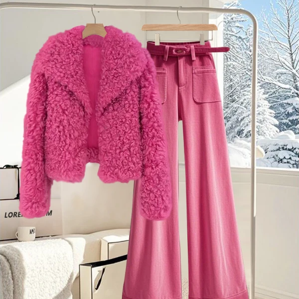 2024年女新款高级遮肉显瘦穿搭一整套羊羔毛外套长裤秋冬季两件套