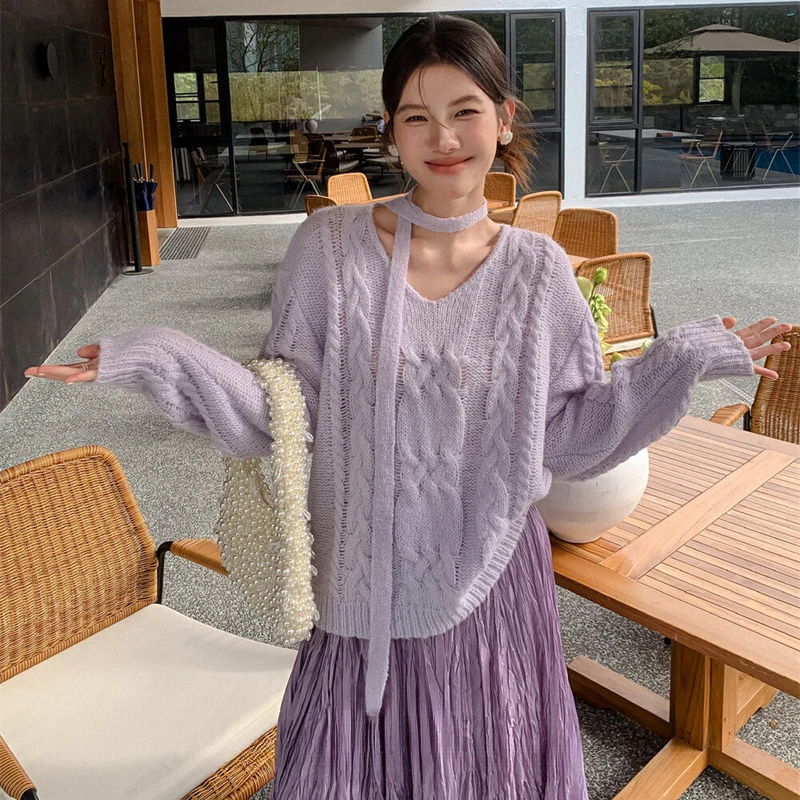 新品春新款韩系亲肤麻花飘带羊毛V领氛围毛衣