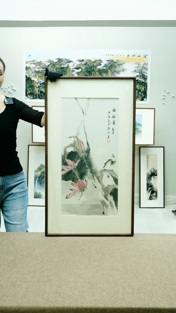 国画52*92陈默如手绘花鸟带框
