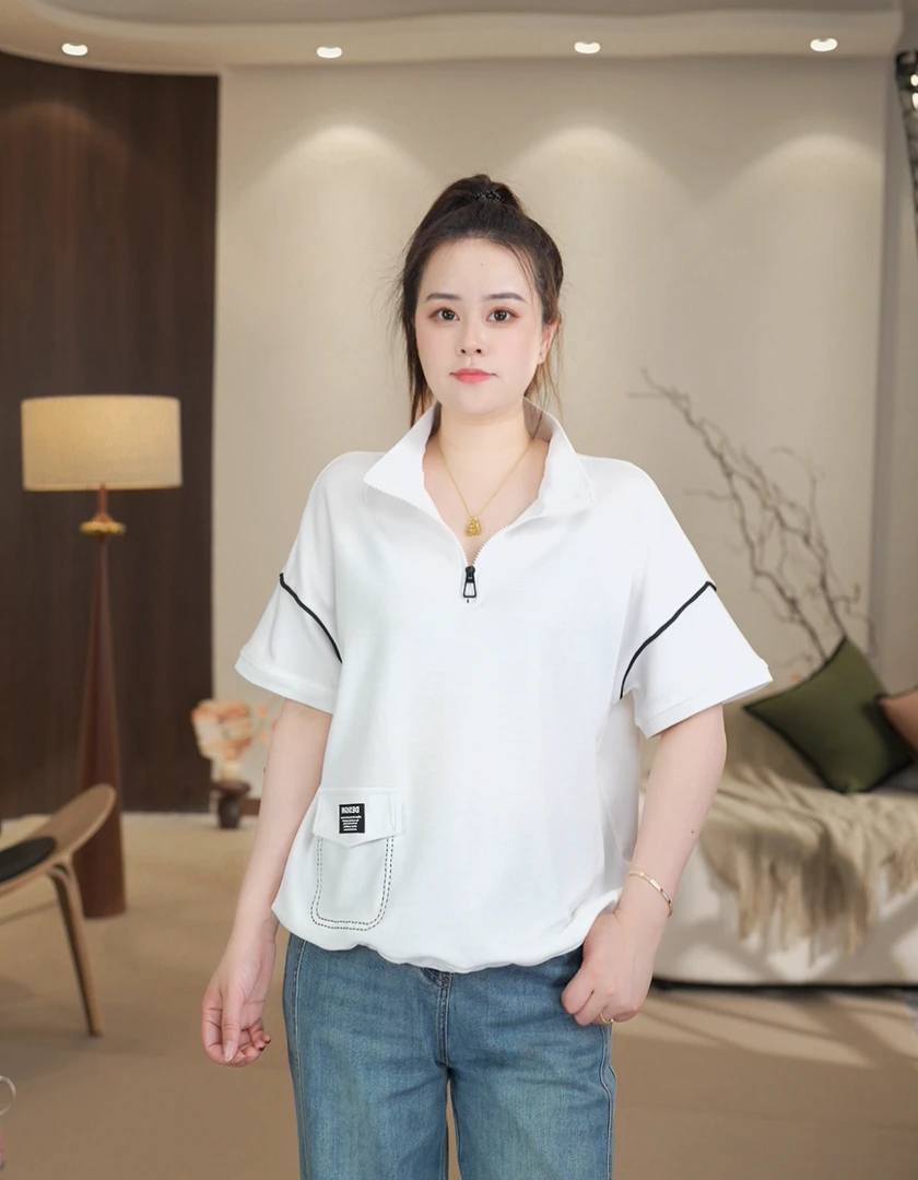 沐沐休闲夏季新款时尚百搭简约宽松纯色立领半拉链短袖T恤