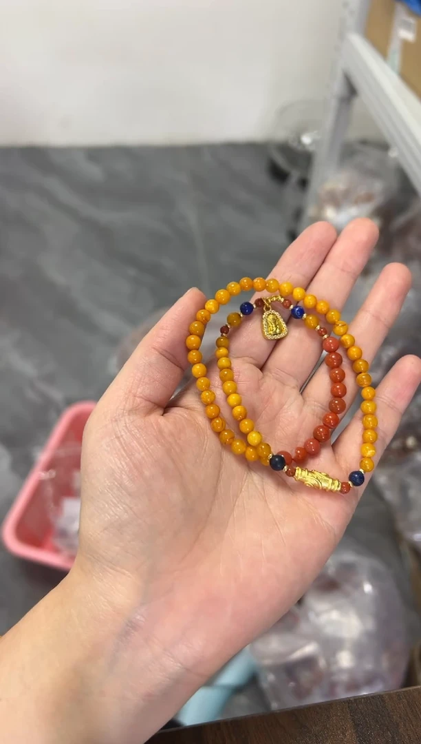 未镶嵌蜜蜡手链高品蜜蜡南红宝宝佛双圈[0318]