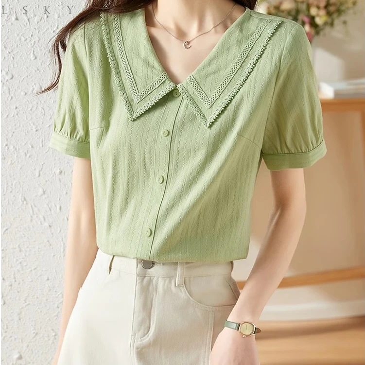 夏季薄款娃娃领纯棉衬衫女装夏装2025年新款女士短袖上衣气质小衫