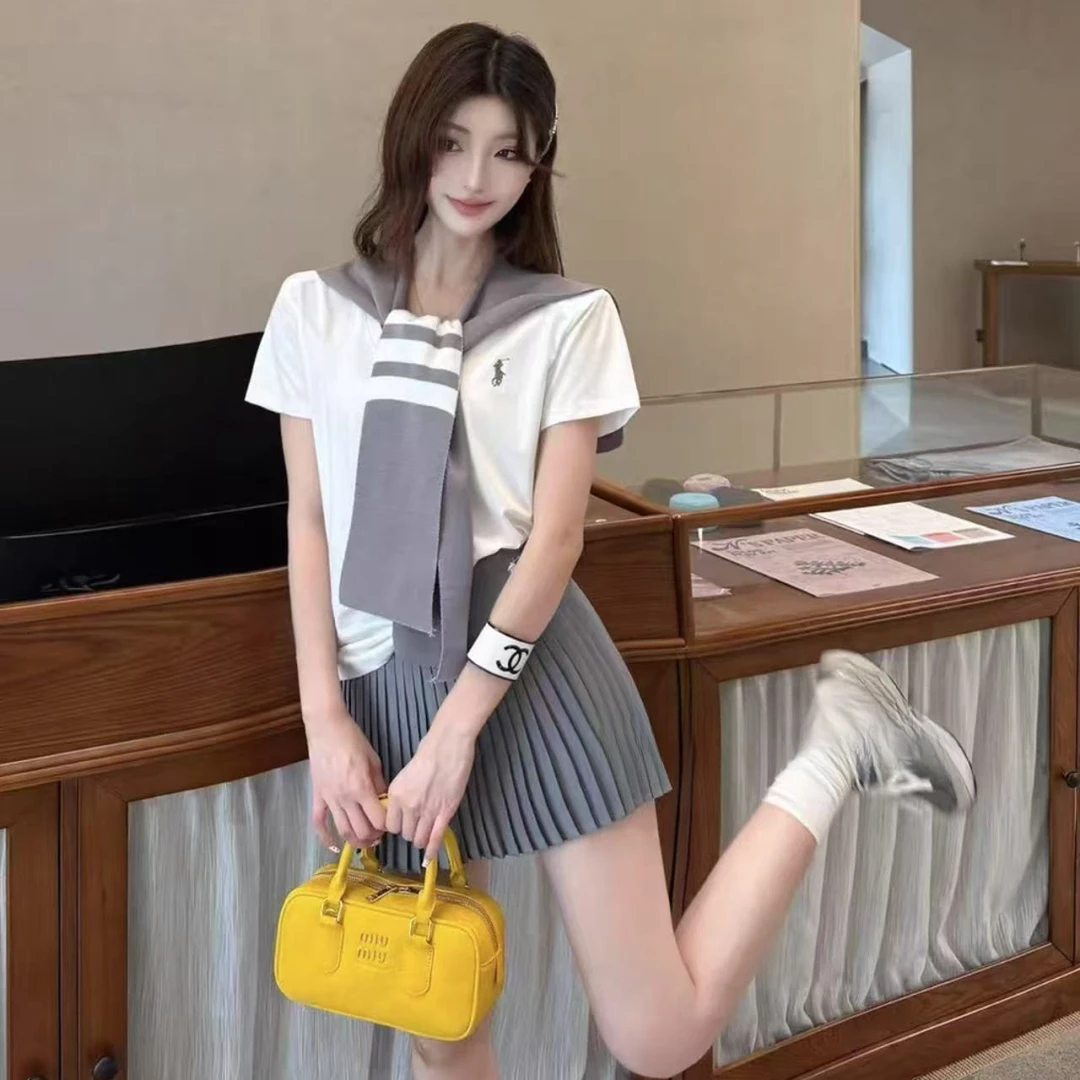 学院风新款时尚韩版短袖V领T恤针织条纹披肩百褶裙三件套套装