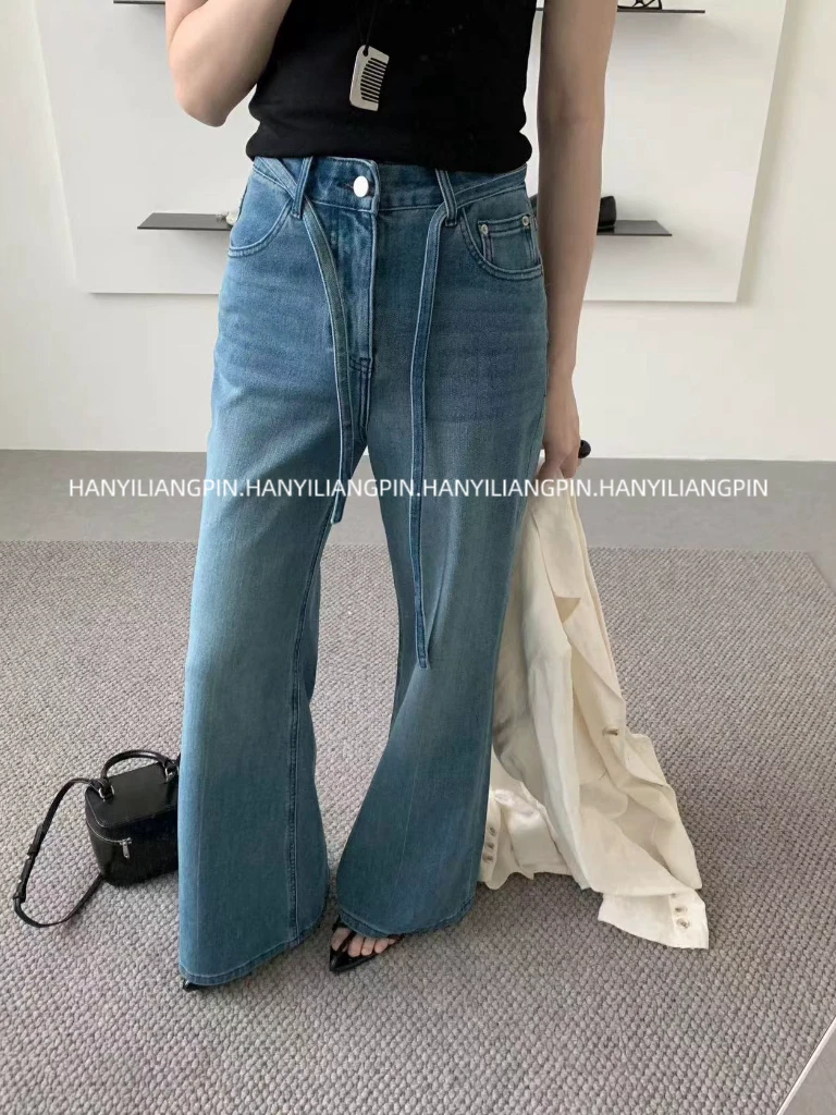 【抽绳微喇裤】显瘦百搭高腰蓝色微喇裤