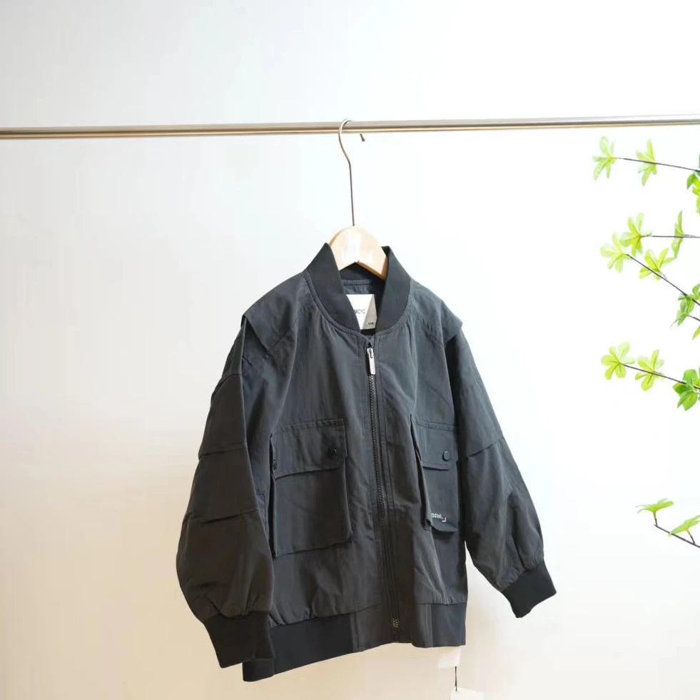 0840-O黑色工装口袋儿童棒球领男童拉链衫休闲外套
