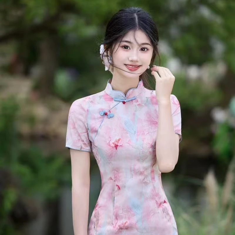 小个子日常包臀裙少女风短袖高腰裙旗袍中式显瘦民族风印花SQ