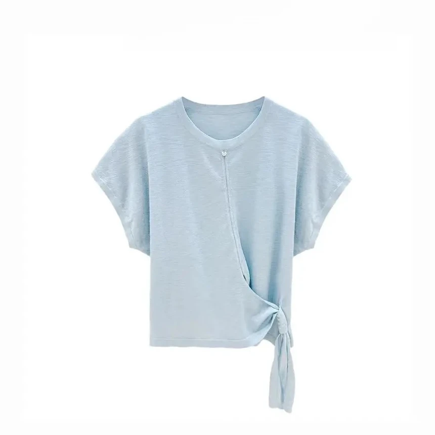 【多多专属】2025夏新款时尚百搭圆领长袖针织衫女宽松侧边打结上衣