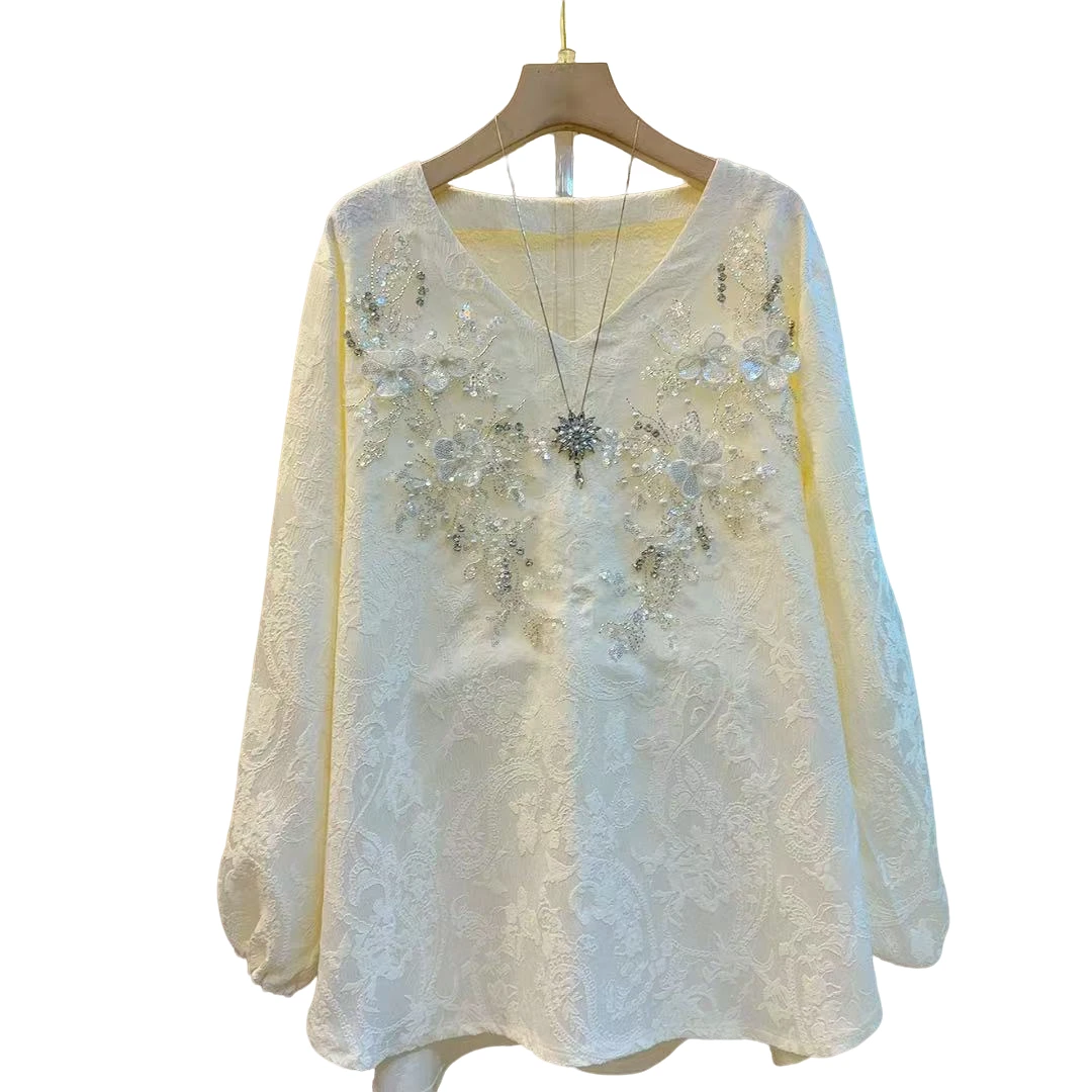 洋气新款V领拼接重工高级感气质减龄上衣（长67左右）