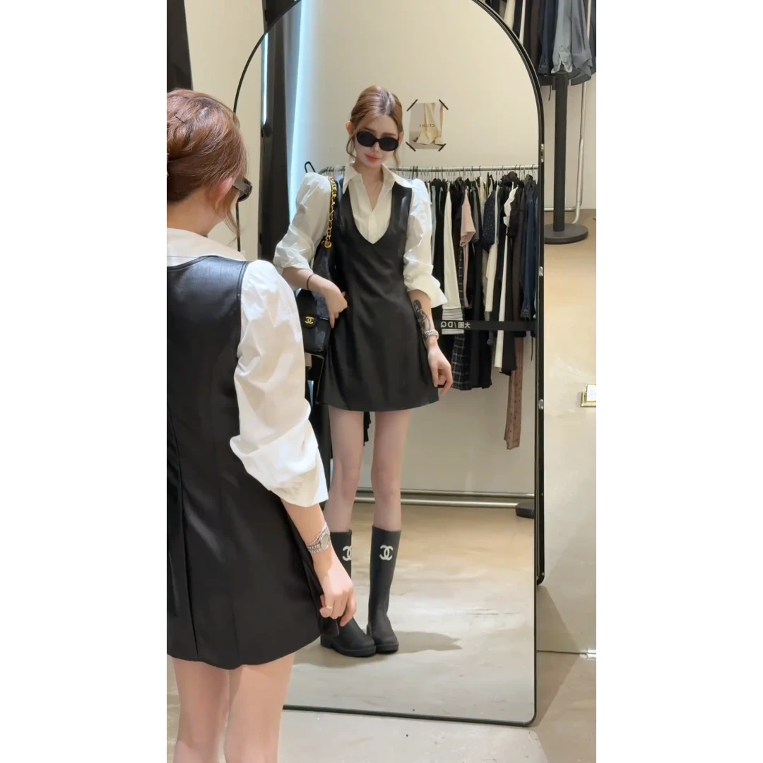 MARIE.COCO白色泡泡袖翻领衬衫上衣女秋季收腰pu皮背心连衣裙套装