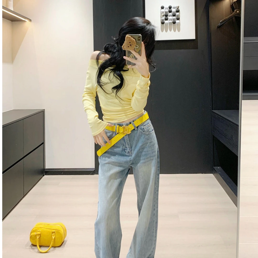 辣妹黄色一字肩气质长袖t恤女早秋季不规则设计感短款修身上衣潮