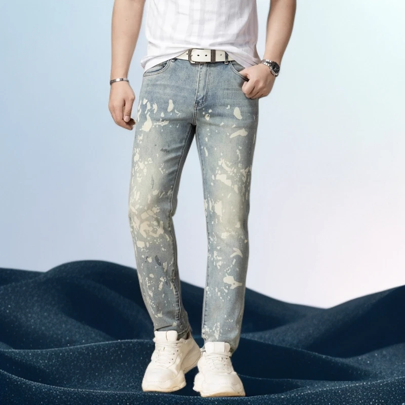 巴赛娜缇男士牛仔裤夏季薄款潮流个性印花修身直筒弹力长裤子男裤