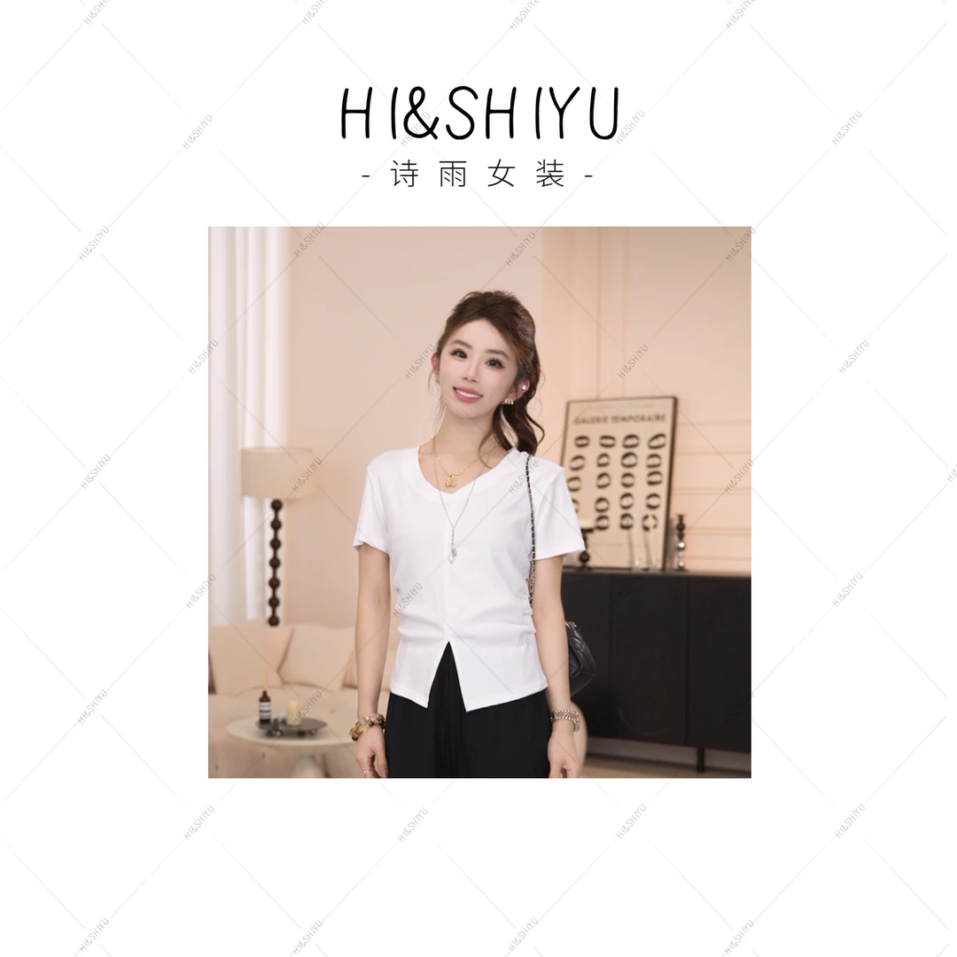 HISHIYU【时间海】新款开叉显瘦T恤正肩短袖气质显瘦夏季百搭