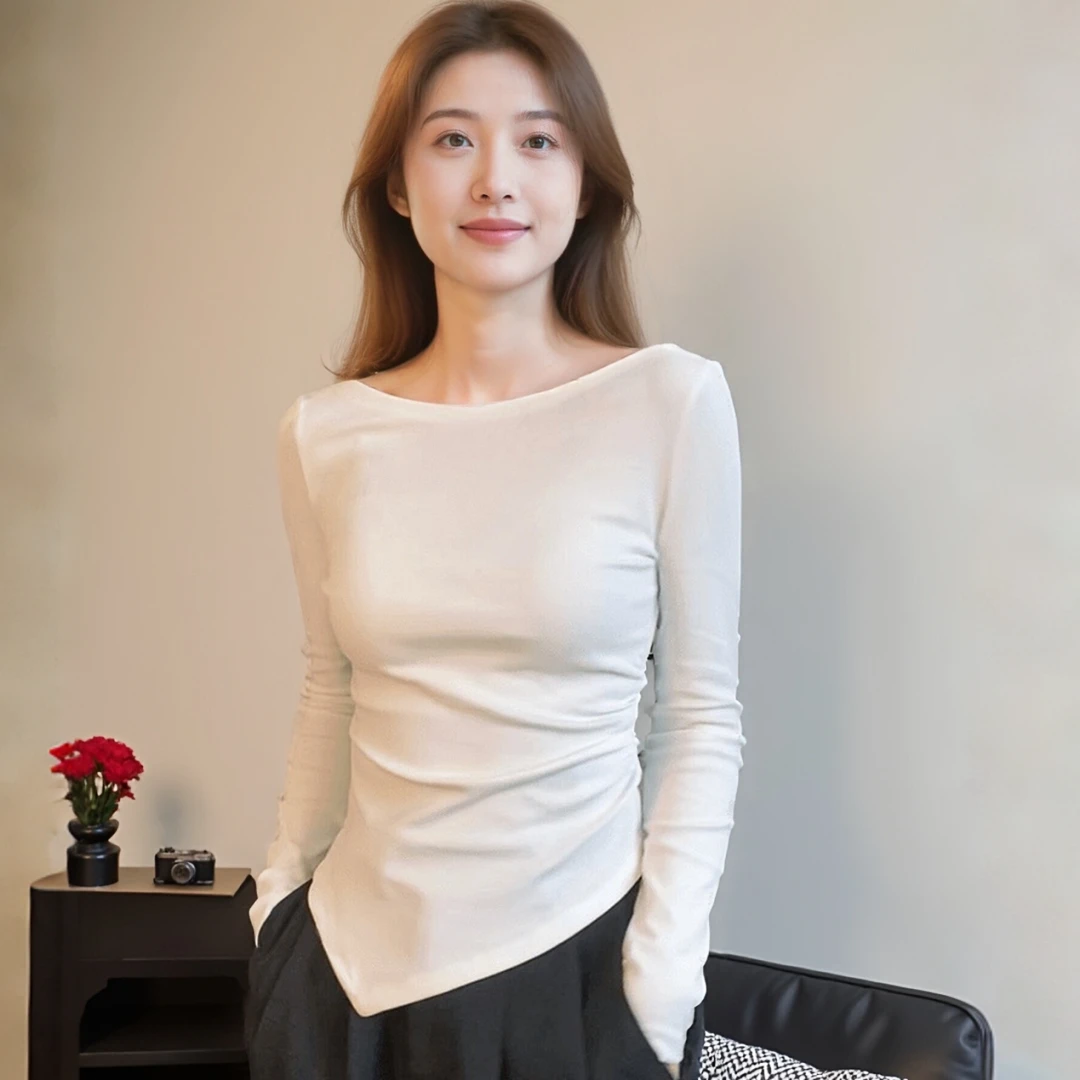 早秋一字肩露肩女白色打底衫长袖显瘦修身洋气百搭设计感T恤上衣