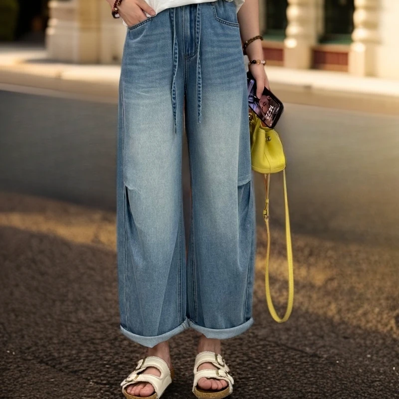 宿慕SUMU莱赛尔牛仔裤女2025新款秋季薄款高腰舒适松紧腰九分裤子