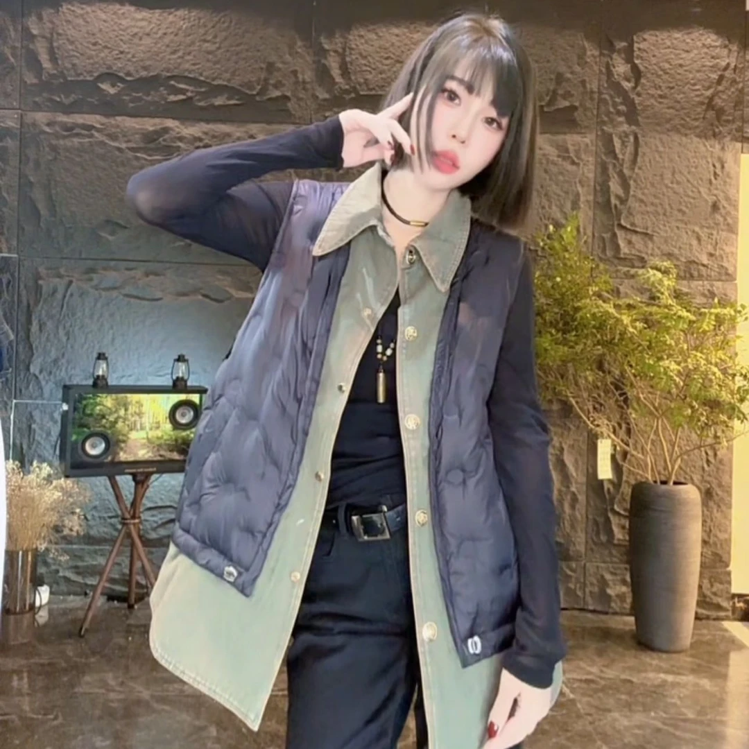 【木棉】欧货秋冬时尚牛仔拼接菱格羽绒马甲女士外套宽松背心7194