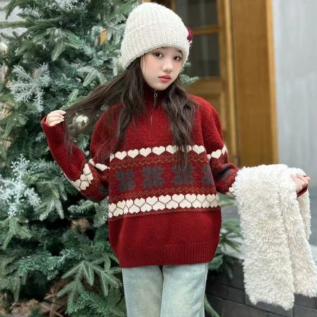 女童红色毛衣秋冬2025新款洋气半高领漂亮冬季加厚本命年针织打底