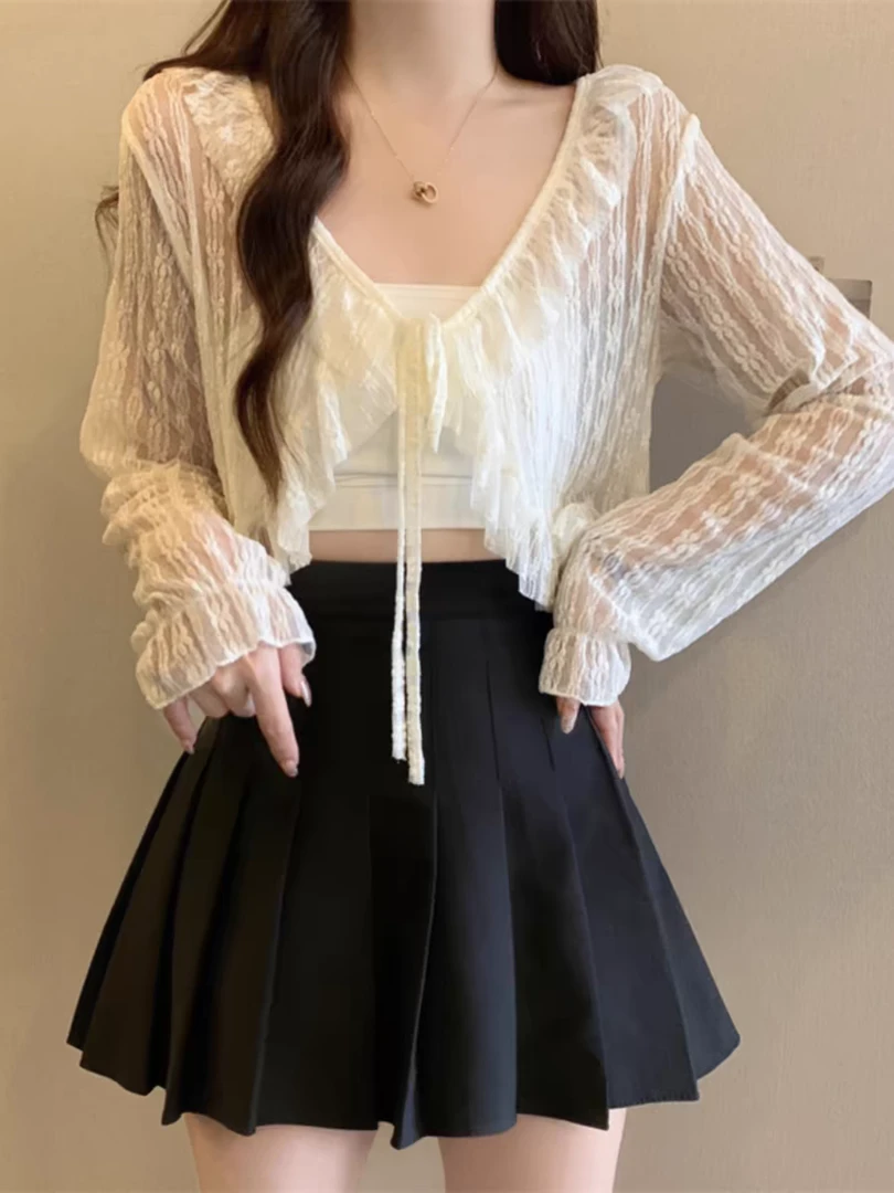 长袖设计款喇叭袖纯色短款上衣防嗮开衫春夏蕾丝百搭