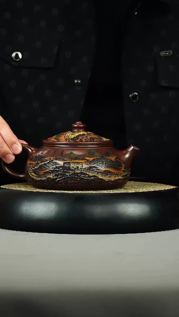 茶壶紫砂石红 寒江 彩刻 长城