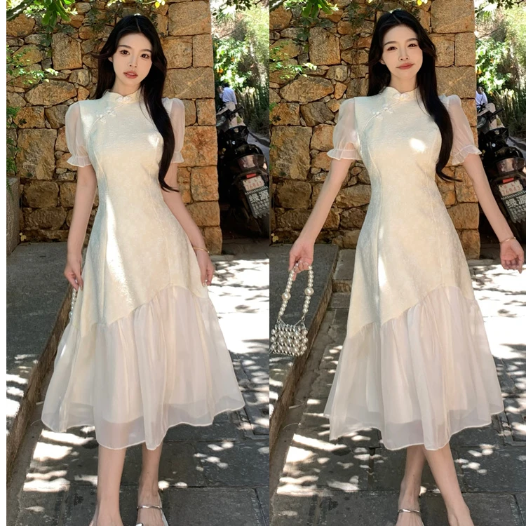 2423 春夏大码女新中式旗袍改良复古小香风连衣裙