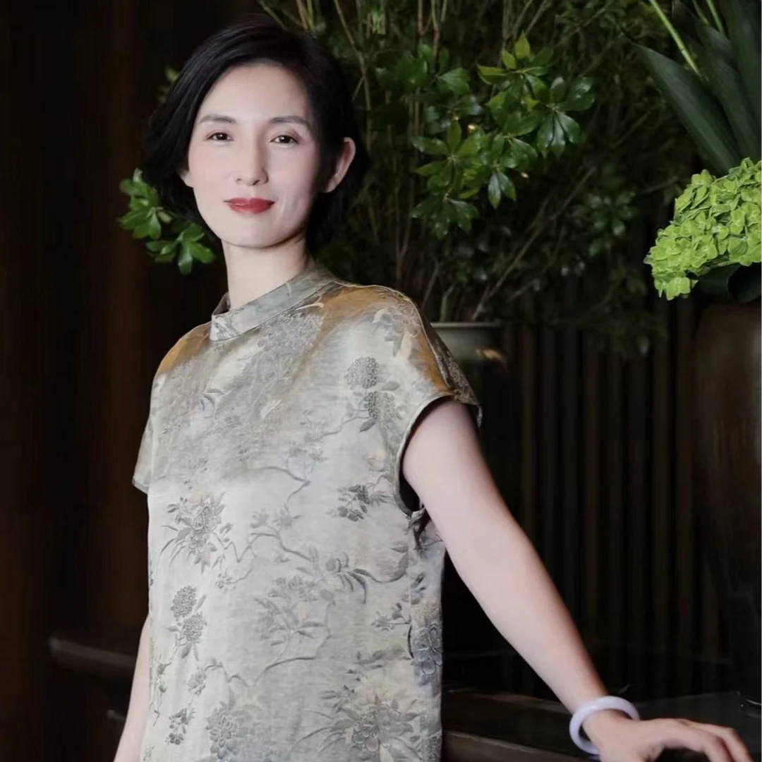 【京华苏艺】桑蚕丝香云纱{冰彩绣球牡丹花}立领女装连衣裙-68467
