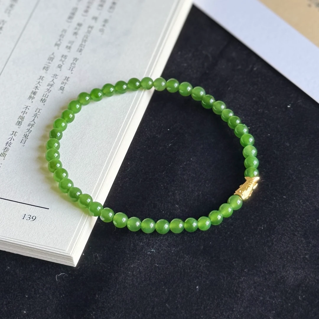 【微黑点】女士碧玉手串 天然和田玉手串4mm+圆珠单圈绿色简约国风