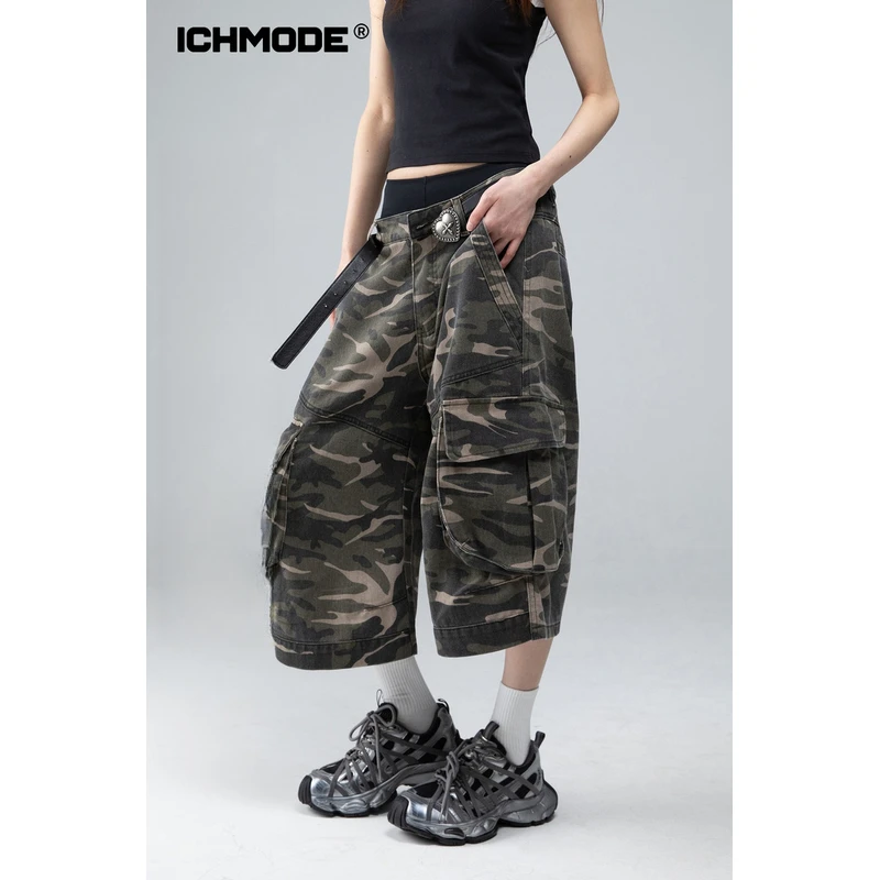 ICHMODE夏季工装休闲裤美式直筒七分裤复古薄款高街宽松潮流迷彩