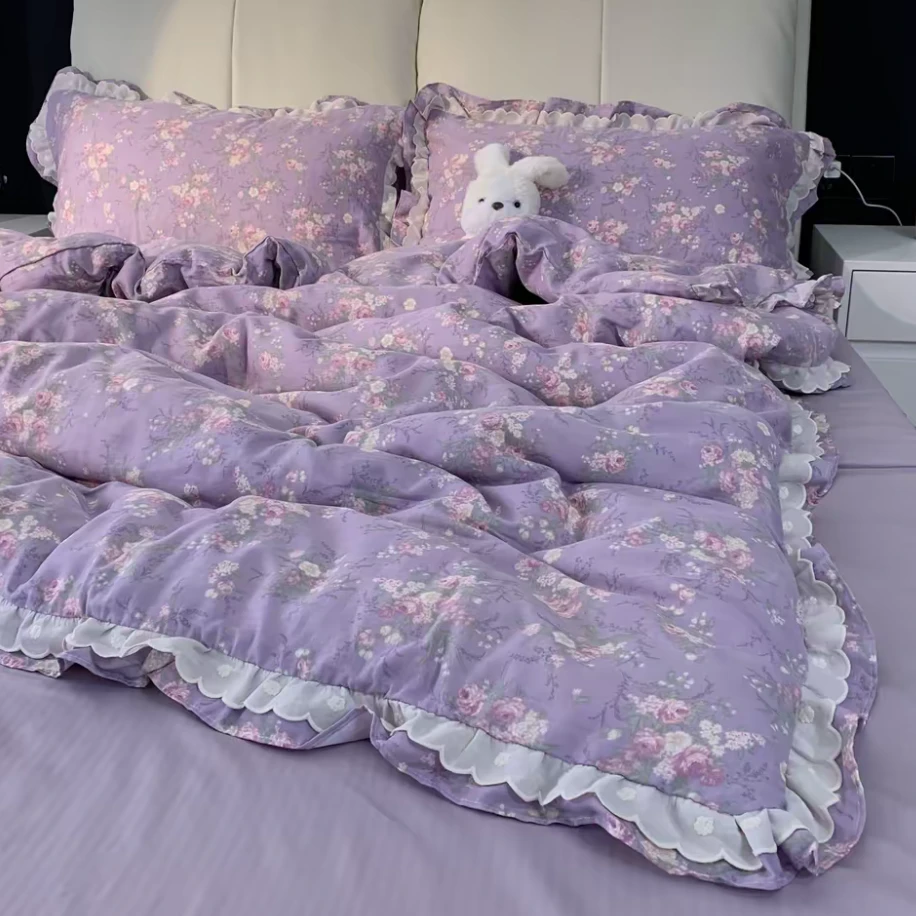 韩式花边款双层纱四件套纯棉母婴A类全棉套件印花公主风床上用品