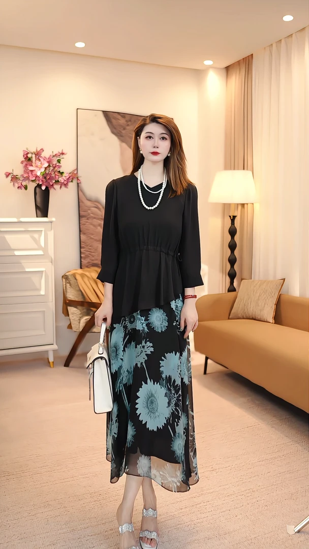 拼接休闲风早秋连衣裙百搭显瘦法式贝果复古风 86007