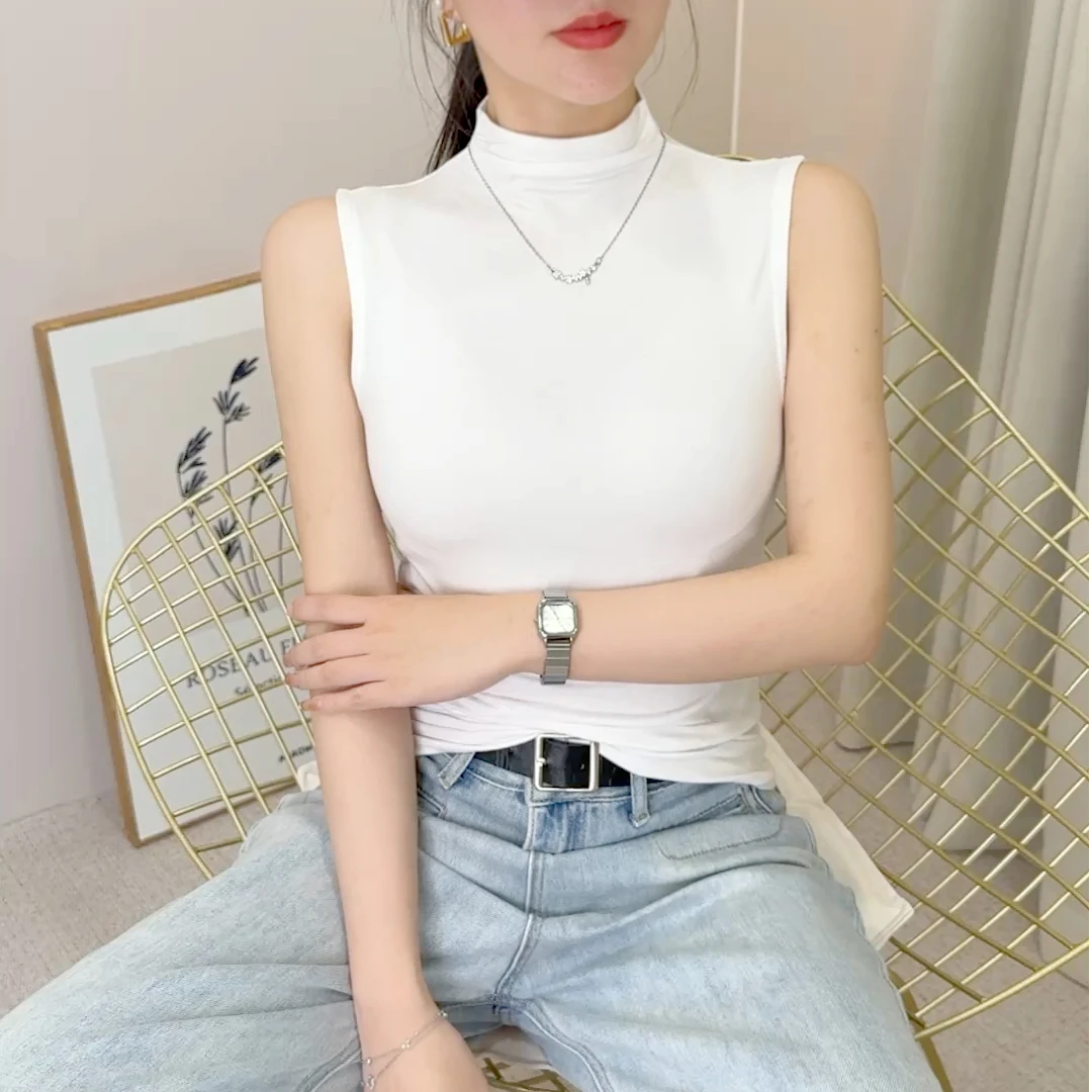 修身型性感风背心吊带洋气显瘦薄款通勤春夏in无袖纯色半高领冰丝