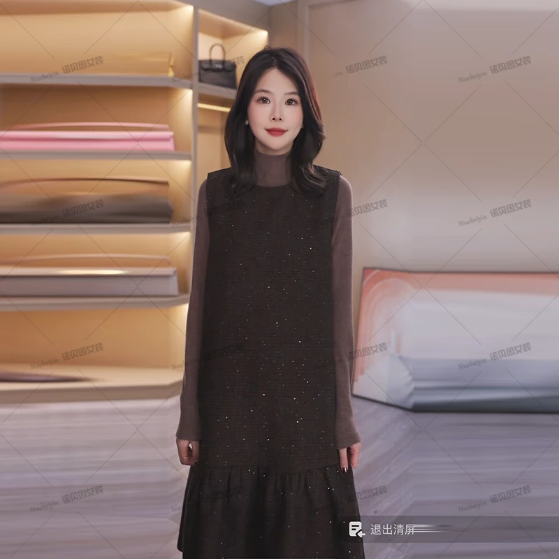 nuobeiyin/诺贝因冬季宽松亮丝背心裙打底衫两件套装裙NTS683319