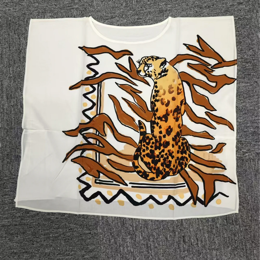 桑蚕丝与针织拼接款女夏季豹纹印花蝙蝠衫上衣