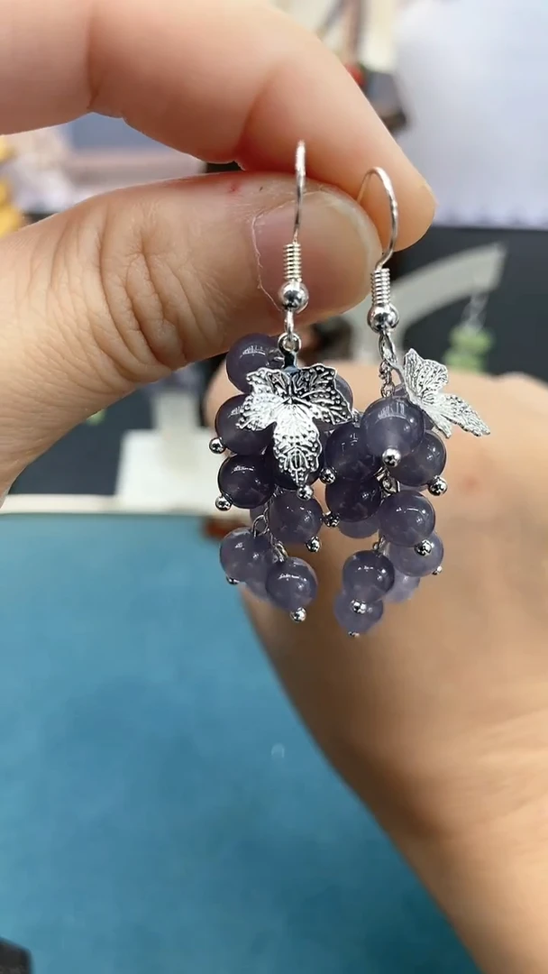 和田玉银S925镶嵌耳饰6mm烟紫葡萄