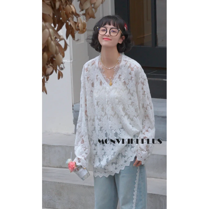 MoNvKiKiPlus2“青花2“大码微胖新中式蕾丝轻奢重工百搭上衣#1030