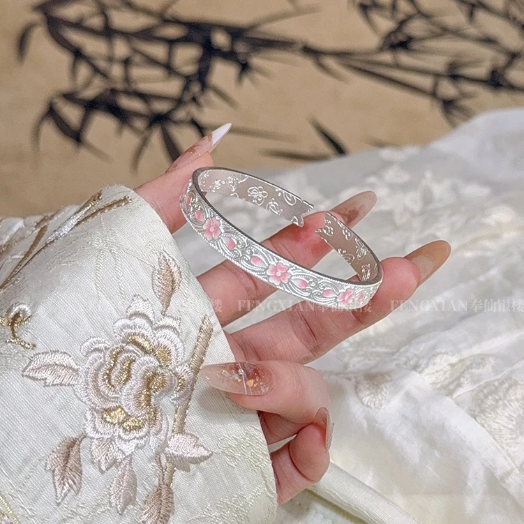 足银手镯  「蔓蝶」足银999.9蝴蝶四叶草纯银手镯女珐琅彩开口银镯