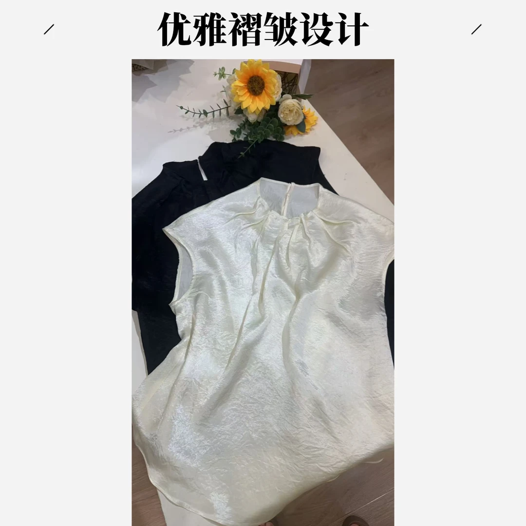 2593圆领无袖宽松型极简风半高领蕾丝杂志风设计师百搭小衫