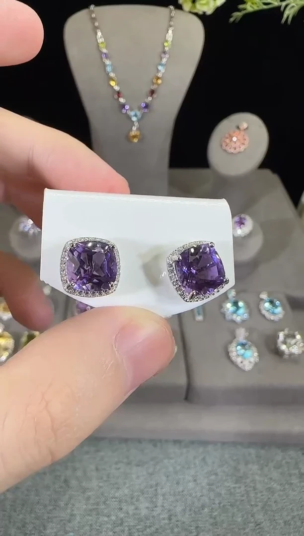 紫晶耳饰银S925镶嵌11mm耳钉