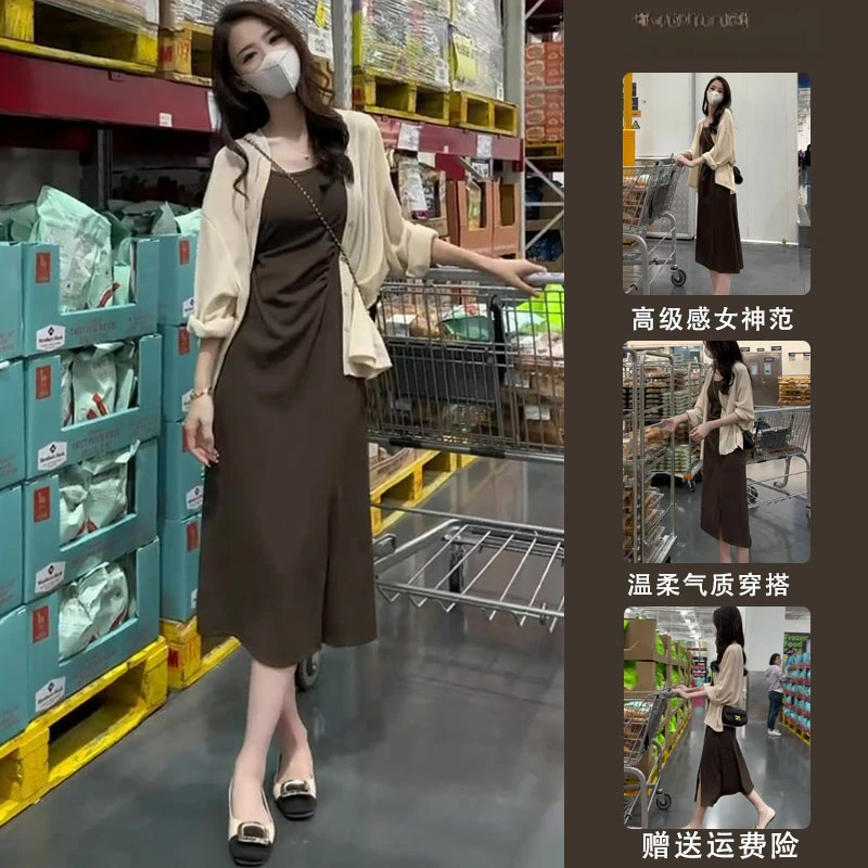 夏季盐系穿搭一整套减龄气质女神范法式雪纺防晒衬衫连衣裙两件套