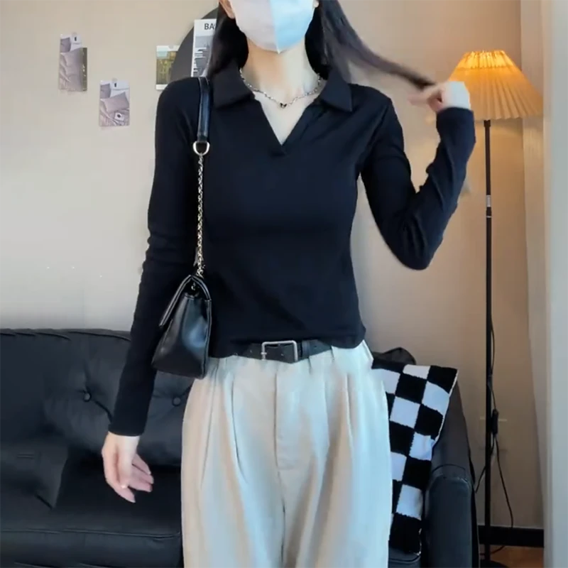 POLO领长袖上衣女秋装韩版黑色正肩2025新款百搭打底衫女高级t恤