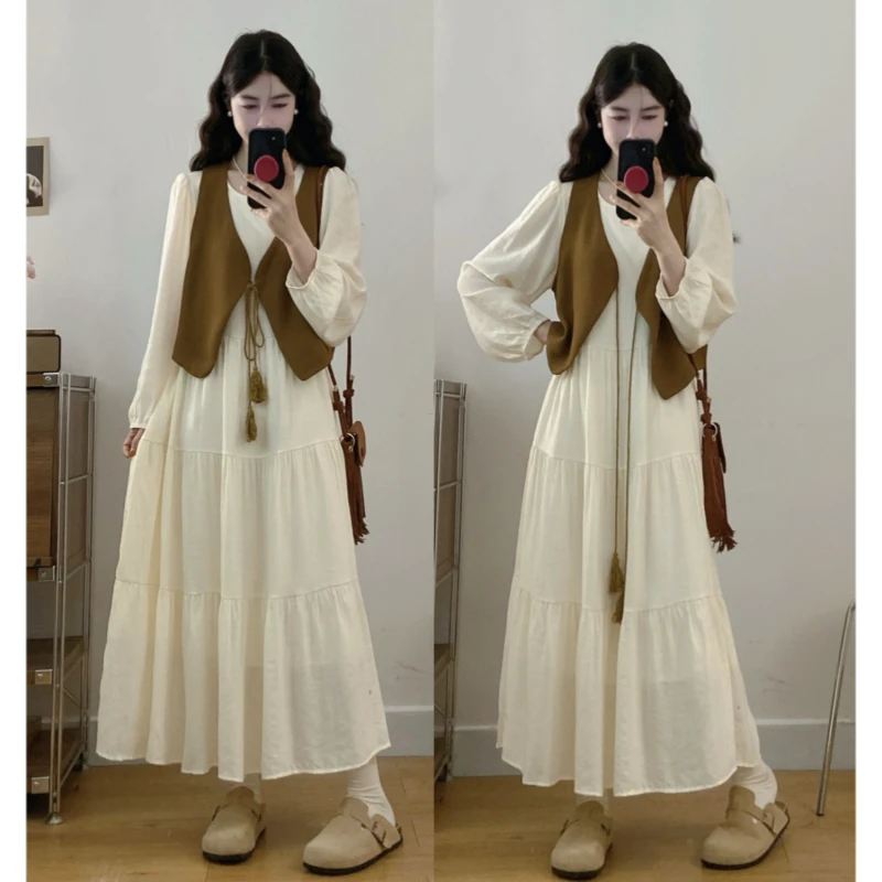 大码早秋新款长袖连衣裙流苏马甲文艺宽松显瘦洋气法式减龄套装裙