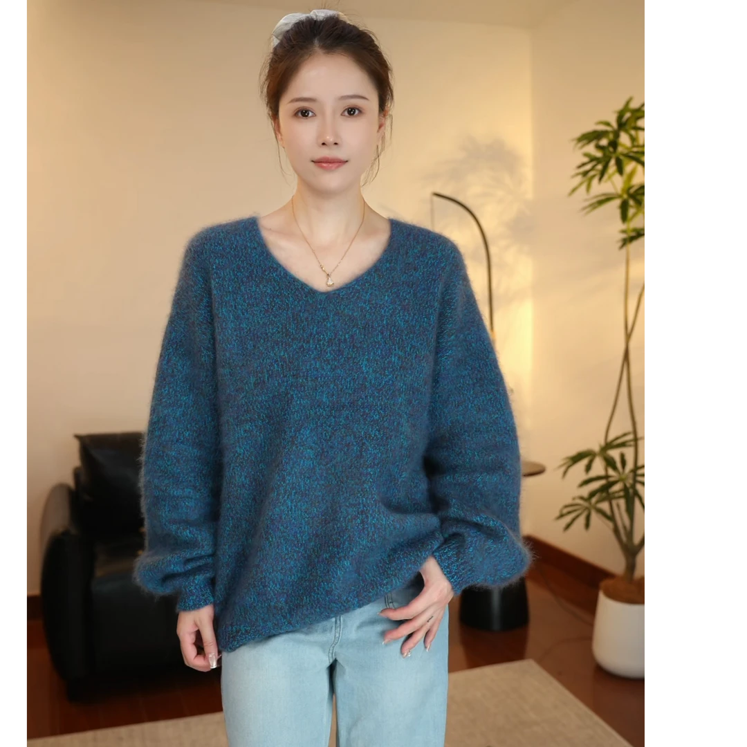 【花纱拉绒】100羊毛V领针织衫秋冬宽松慵懒老钱洋网红气显瘦毛衣