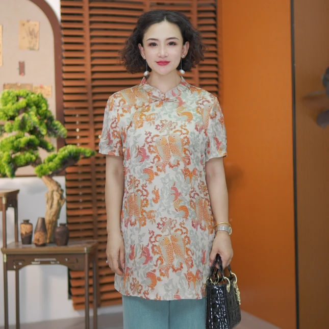 2025夏季新款新中式常规款短袖显瘦香云纱国风减龄气质上衣女衣服