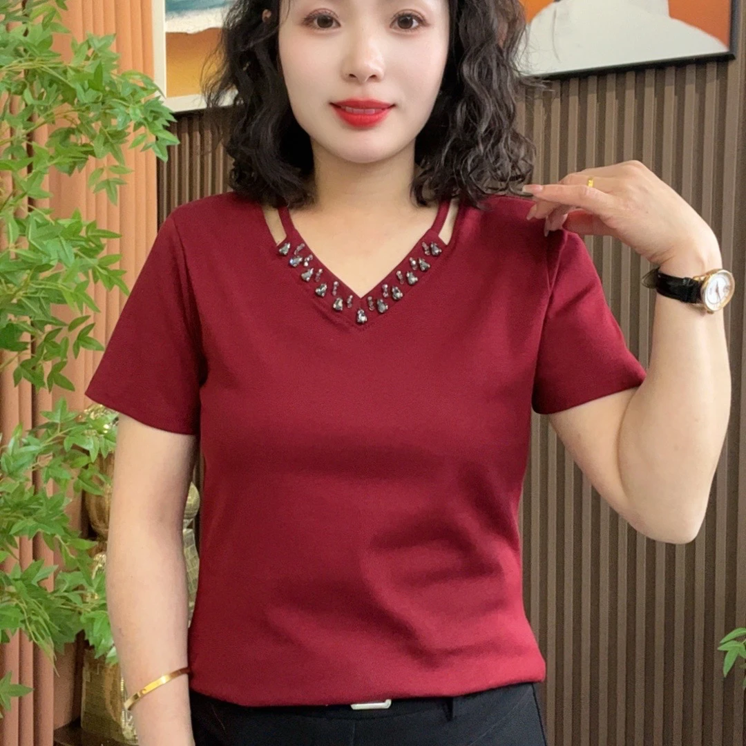 时尚镂空烫钻短袖T恤女2025夏季新款洋气纯色百搭显瘦休闲上衣