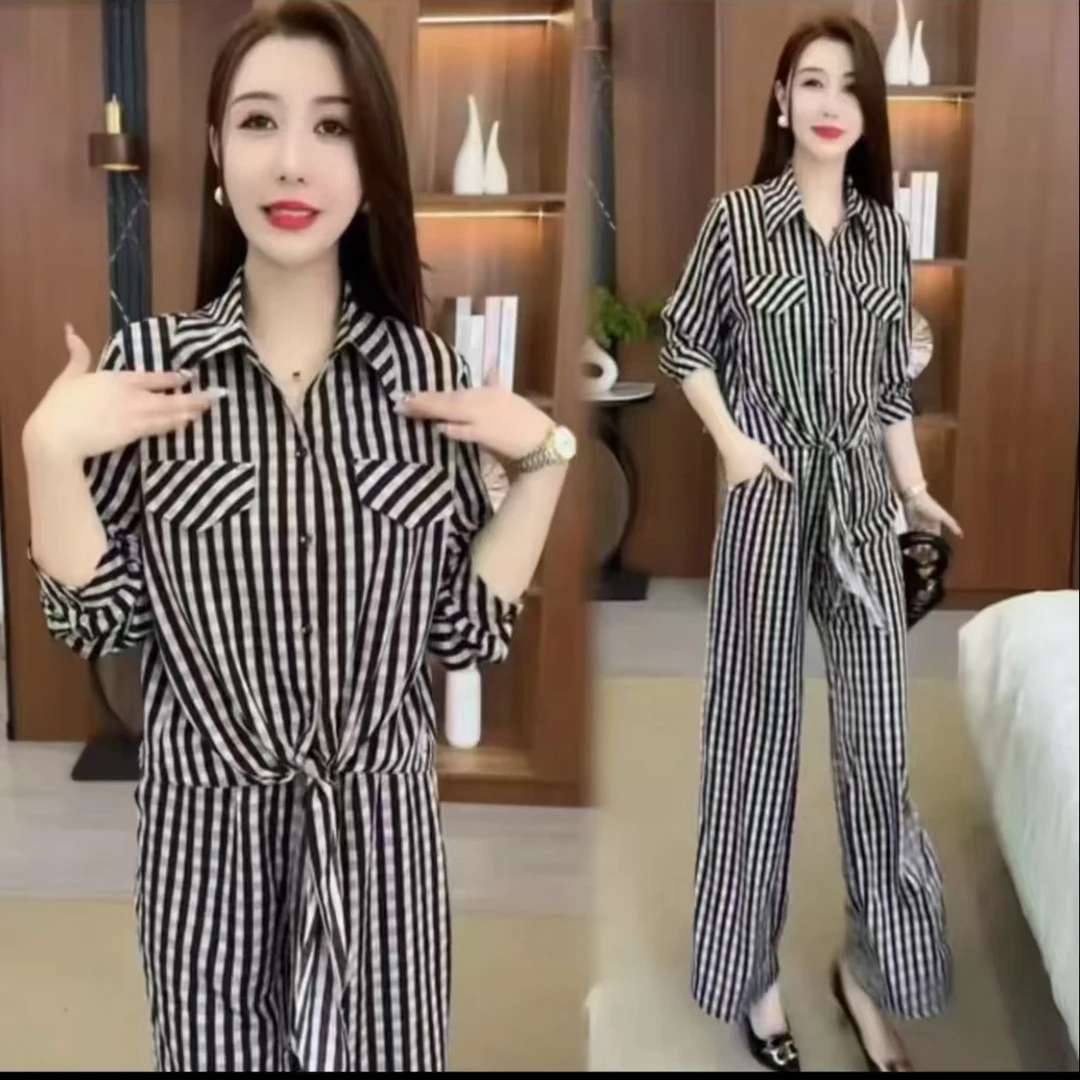 8501-H气质时尚条纹套装女洋气休闲遮肉显瘦衬衫阔腿裤开心就好