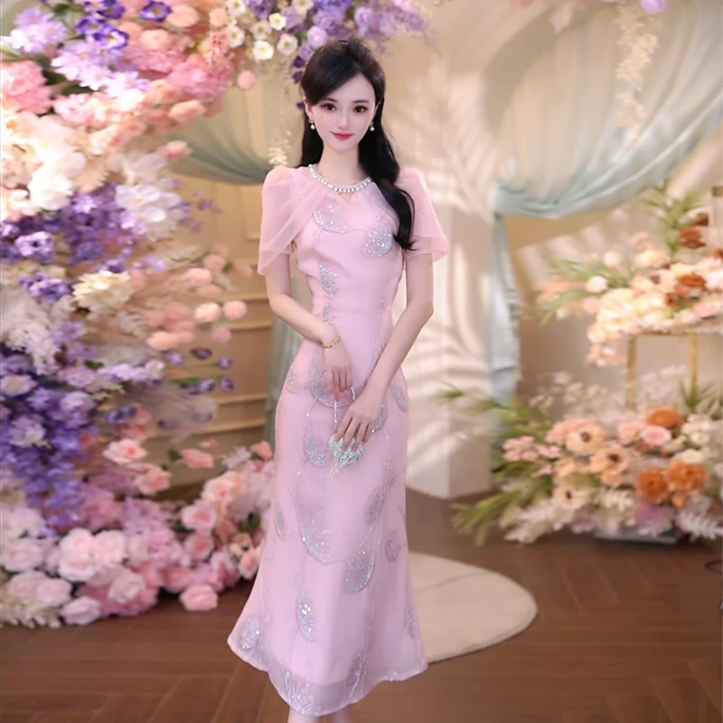 夏季女装新款轻奢名媛修身网纱刺绣镶钻亮片气质短袖连衣裙6258